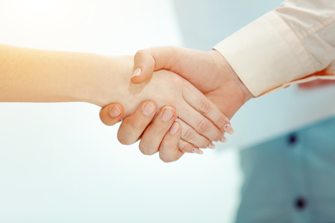Handshake Boss Approving Congratulating Young Successful Employee Company Her Success Good Work